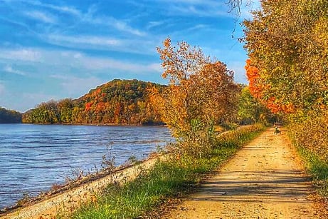 A path runs parallel to a body of water with trees on the side.