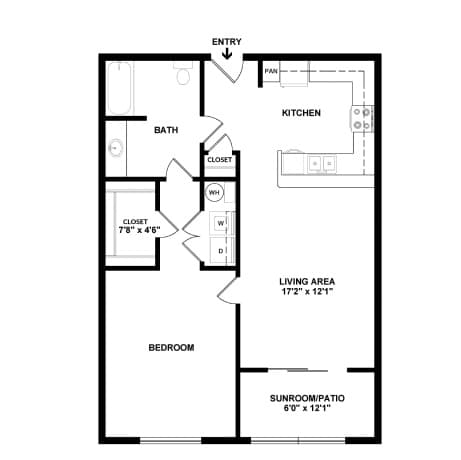 A floor plan of a small apartment with a living area, bedroom, bathroom, kitchen, and sunroom/patio.