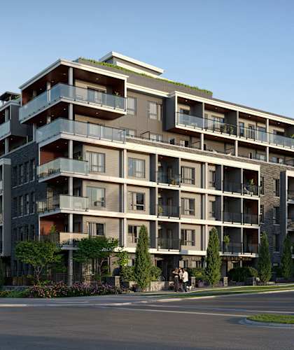 a rendering of a large apartment building on a city street