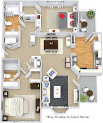 Braxton 3D. 2 bedroom apartment. Kitchen with bartop open to living & dinning rooms. 2 full bathrooms, shower stall in master. Walk-in closets. Patio/balcony.