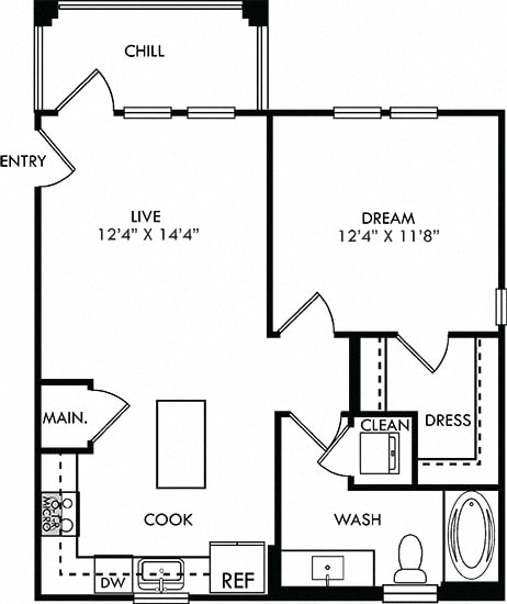 The Knight. 1 bedroom apartment. Kitchen with island open to living room. 1 full bathroom. Walk-in closet. Patio/balcony.