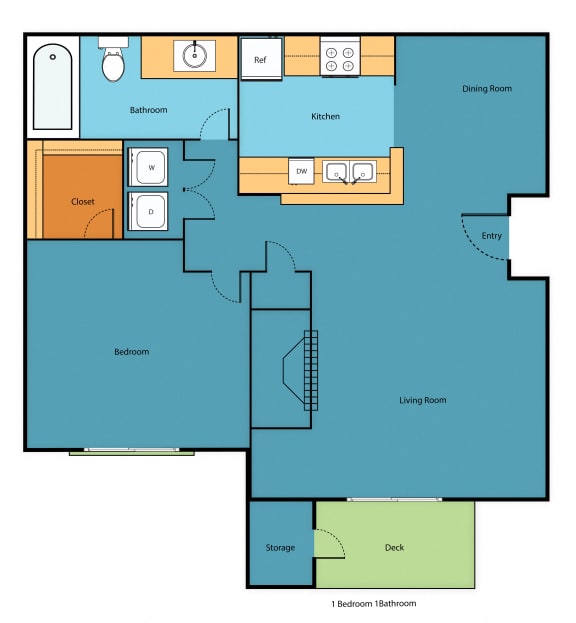 Open One Bedroom, One Bathroom Apartment Floorplan with a Fireplace and Balcony at Serra Vista Apartment Homes, Lynnwood, WA