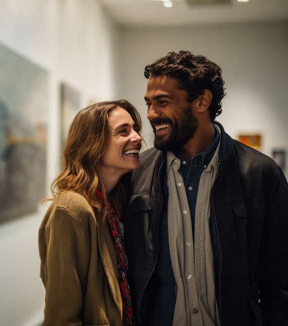 a man and a woman laughing in an art gallery