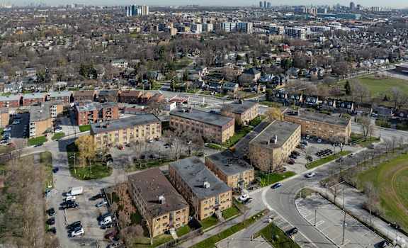 A view of a city from a high vantage point.