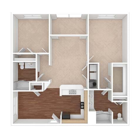 A drawing of a house layout with a kitchen, living room, and two bedrooms.
