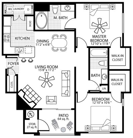 Floor Plan  1060 square Feet, 2 bedroom 2 bath, D1 Floorplan