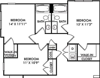 The Joplin with Attached Garage. 3 bedroom apartment. Kitchen with island open to living/dinning rooms. 2 full bathrooms. Walk-in closets. Patio/balcony.