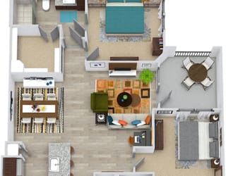3D Wallace 2 bedroom, entry closet, L-shaped kitchen with island and pantry, open to living-dining room, 1 bath with double vanity, and tub, 1 bath with shower. Walk-in closets. Balcony. washer/dryer.