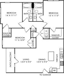 The Joplin with Attached Garage. 3 bedroom apartment. Kitchen with island open to living/dinning rooms. 2 full bathrooms. Walk-in closets. Patio/balcony.