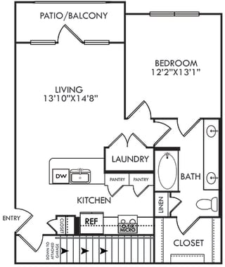 an overhead view of an upstairs 1 bedroom 1 bath apartment. kitchen with peninsula overlooking living area. Laundry closet in short hallway. guest access and bedroom access to bathroom. closet off of bathroom. Patio and Balcony entrance off of the living room.