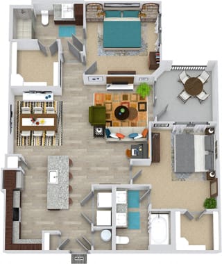 3D Wallace 2 bedroom, entry closet, L-shaped kitchen with island and pantry, open to living-dining room, 1 bath with double vanity, and tub, 1 bath with shower. Walk-in closets. Balcony. washer/dryer.