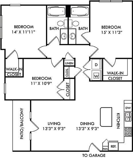 The Joplin with Attached Garage. 3 bedroom apartment. Kitchen with island open to living/dinning rooms. 2 full bathrooms. Walk-in closets. Patio/balcony.