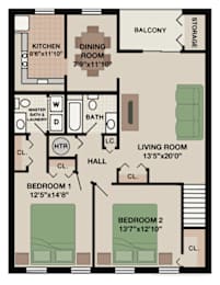 Two-bedroom, one-and-a-half-bathroom apartment floor plan at New Kent Apartments in West Chester, PA, featuring ample space for comfortable living