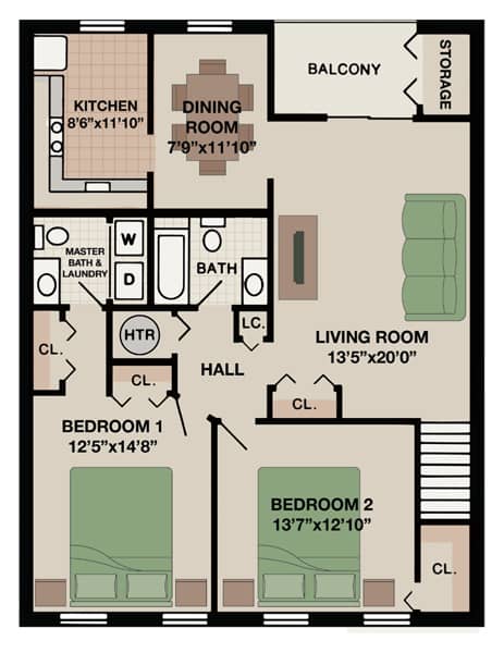 Two-bedroom, one-and-a-half-bathroom apartment floor plan at New Kent Apartments in West Chester, PA, featuring ample space for comfortable living