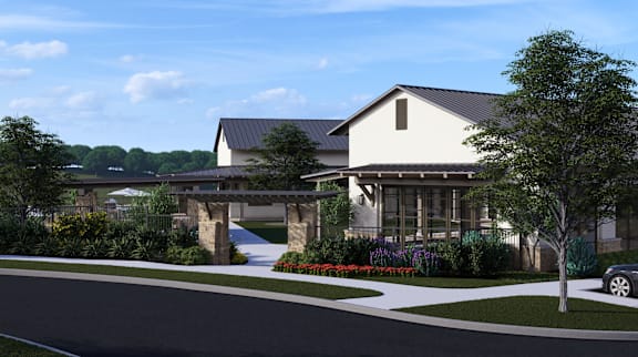 a rendering of a white house with a driveway and a garden