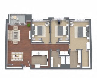 3A – 3 Bedroom 2 Bath Floor Plan Layout – 1455 Square Feet at Nineteen800, Cupertino, 95014