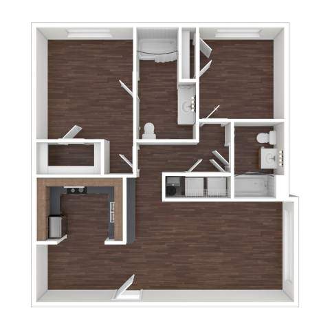 A 3D in-floor plan of a house layout.