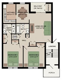 Alpine two-bedroom, one-and-a-half-bathroom apartment floor plan at New Kent Apartments in West Chester, PA, offering spacious living with modern amenities