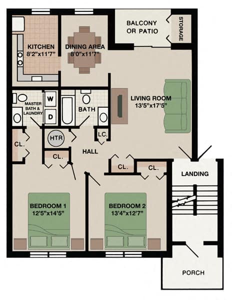 Alpine two-bedroom, one-and-a-half-bathroom apartment floor plan at New Kent Apartments in West Chester, PA, offering spacious living with modern amenities