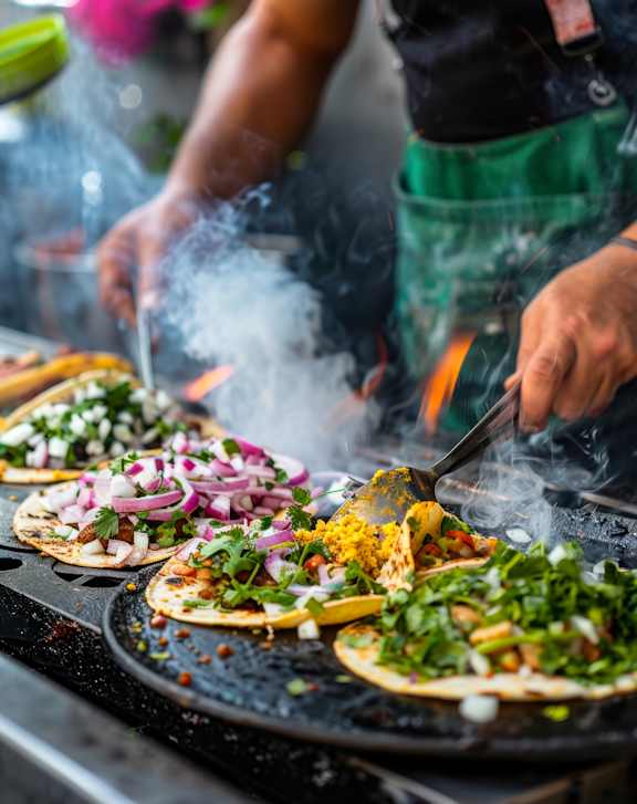 A person is cooking tacos on a grill.