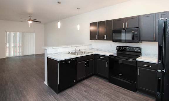 A modern kitchen with black appliances and cabinets.