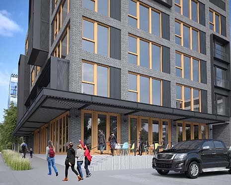 Rendering of building exterior at DOCK 59 APARTMENTS, PORTLAND, Oregon