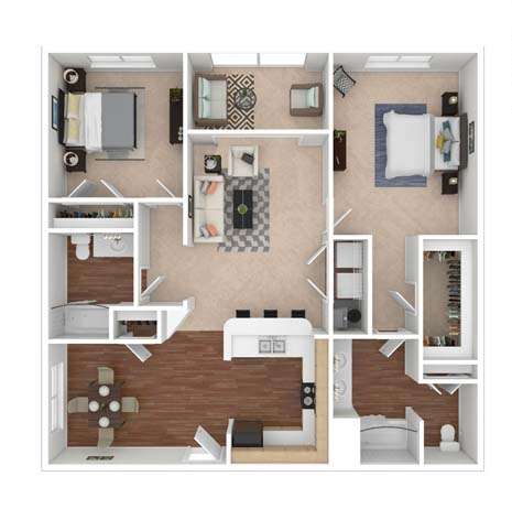 A floor plan of a house with a kitchen, living room, and two bedrooms.