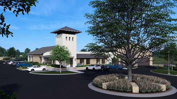 a rendering of a church with a tower and a parking lot