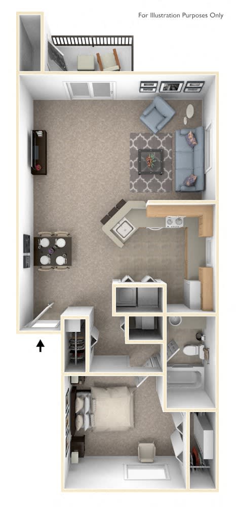 One Bedroom End Floor Plan at Indian Lakes Apartments, Mishawaka, Indiana