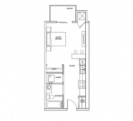 Floor Plan  A floor plan of a suite type D1 shows a master bedroom, a kitchen, a laundry area, and a bathroom.