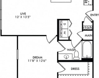 The Vera. 1 bedroom apartment. Kitchen with island open to living room. 1 full bathroom. Walk-in closet. Patio/balcony.