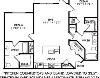 Stiles 2 bedroom apartment. Kitchen with 33.5" lowered counters/island open to living room. 2 full bathrooms, Walk-in closet. Patio and Fenced-in Yard