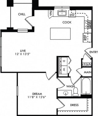 The Vera. 1 bedroom apartment. Kitchen with island open to living room. 1 full bathroom. Walk-in closet. Patio/balcony.