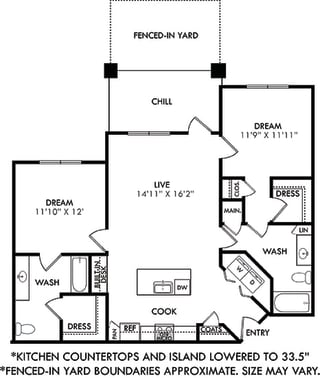 Stiles 2 bedroom apartment. Kitchen with 33.5&quot; lowered counters/island open to living room. 2 full bathrooms, Walk-in closet. Patio and Fenced-in Yard