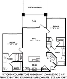Stiles 2 bedroom apartment. Kitchen with 33.5" lowered counters/island open to living room. 2 full bathrooms, Walk-in closet. Patio and Fenced-in Yard