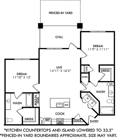 Stiles 2 bedroom apartment. Kitchen with 33.5" lowered counters/island open to living room. 2 full bathrooms, Walk-in closet. Patio and Fenced-in Yard