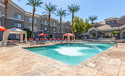 A swimming pool surrounded by palm trees and lounge chairs.