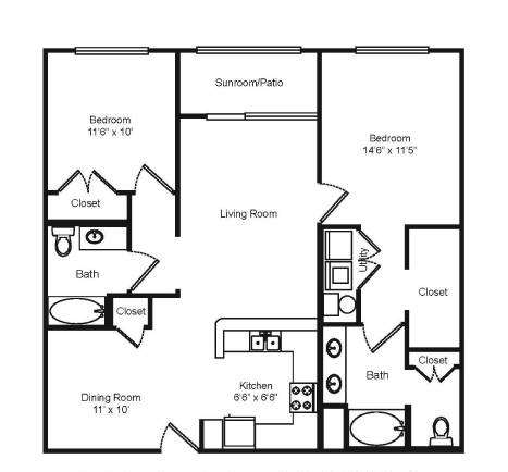 A black and white image of a two bedroom, two bath house plan.