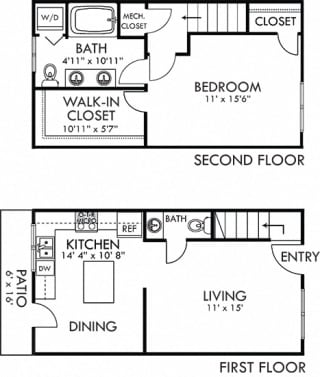 Caraway 1 bedroom townhome. 1st floor eat-in kitchen-living-half bath. 2nd floor bedroom, full bath double vanity. Expansive walk-in closet. In-unit laundry