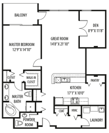 1 Bedroom 1.5 Bath Floor Plan at Two Itasca Place, Itasca