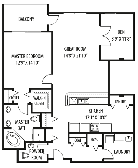 1 Bedroom 1.5 Bath, 1,382 Sq.Ft. Floor Plan at Two Itasca Place, Itasca