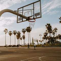 A basketball hoop is seen from below with a clear blue sky and palm trees in the background.