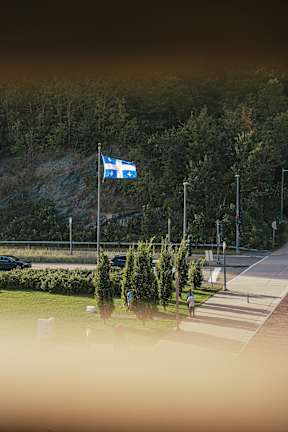 a blue and white flag on a pole in a park