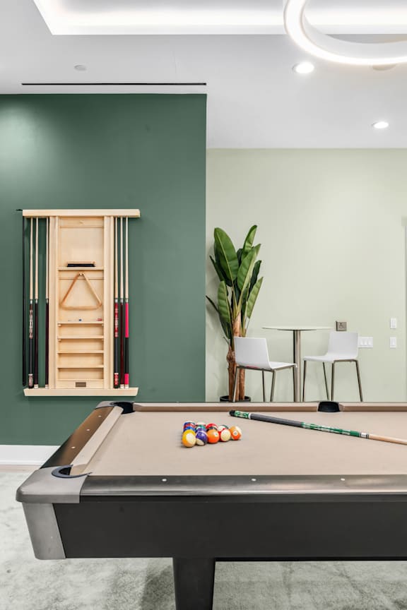 A pool table with a cue stick and balls on it.