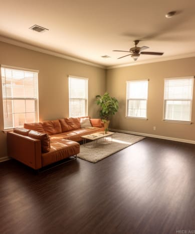 a living room with a leather couch and a coffee table