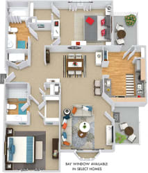 Monroe 3D. 2 bedroom apartment. Kitchen with bartop open to living & dinning rooms. 2 full bathrooms, shower stall in master. Walk-in closets. Patio/balcony.