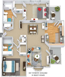 Monroe 3D. 2 bedroom apartment. Kitchen with bartop open to living & dinning rooms. 2 full bathrooms, shower stall in master. Walk-in closets. Patio/balcony.