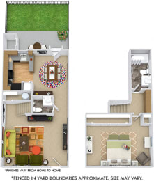 Ashland with Fenced-in Yard. 1 bedroom townhouse. Kitchen with bartop open to dinning room. 1 full bathroom + powder room. built in desk. Patio/balcony open to yard.