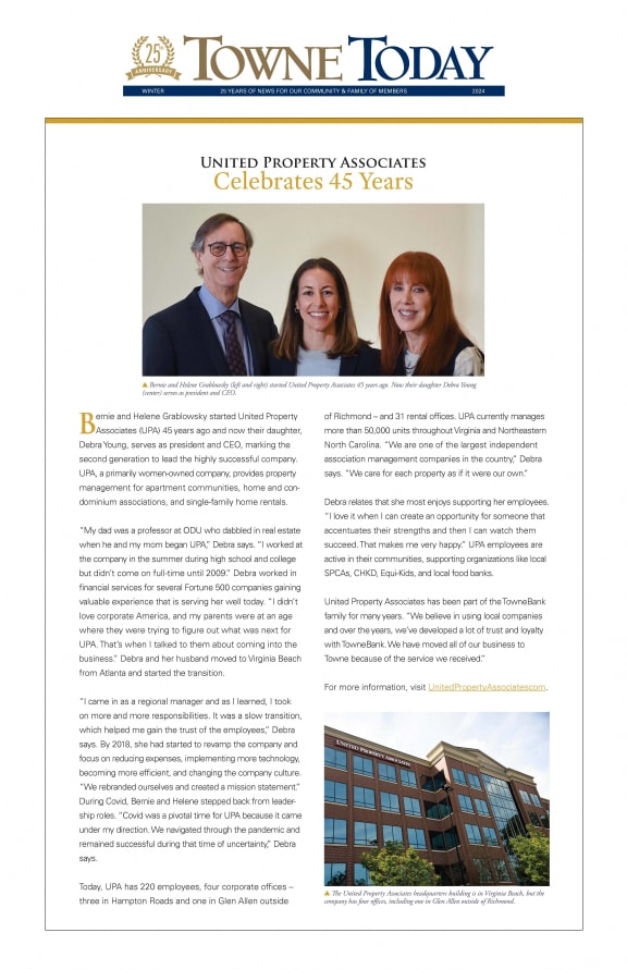 a page of a brochure with three people in front of a building