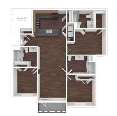 A floor plan of a small apartment with a kitchen, living room, and bathroom.